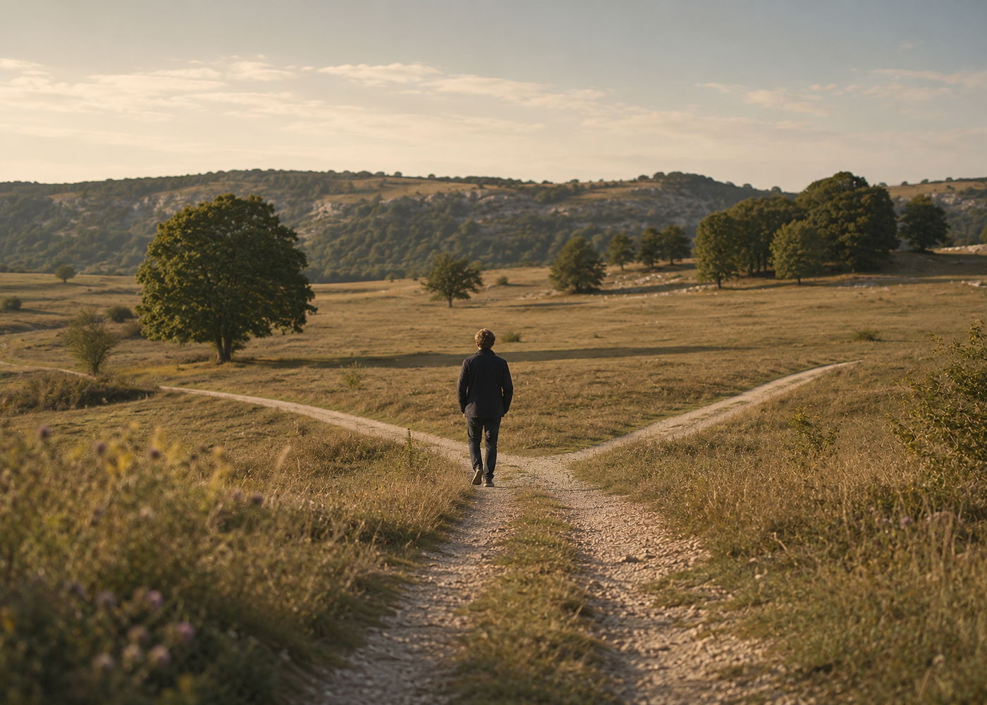 Person auf einem Feldweg an einer Weggabelung